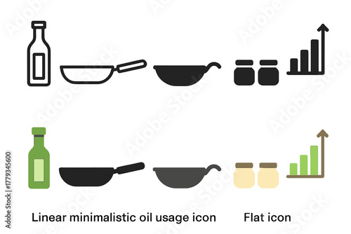 Oil Usage Icons. Linear minimalistic oil usage icon: salad dressing bottle, sauté pan, stir fry wok, small jars, smoke point chart