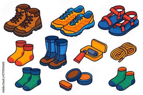 Camping Footwear Essentials. Isometric vector illustration set Camping essentials – hiking boots, trail shoes, camp sandals; wool