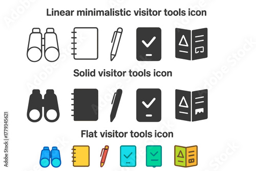 Visitor Tools Icons. Linear minimalistic visitor tools icon: binoculars, notebook, pen, smartphone app, guide brochure, ticket