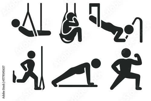 Gravity Yoga Icons. Solid style icons of strength training through gravity yoga: core lift pose, suspended crunch icon, aerial