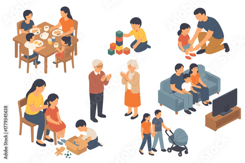 Family Weekend Moments. Isometric vector illustration set of Family: weekend breakfast scene, toddler stacking blocks, dad tying