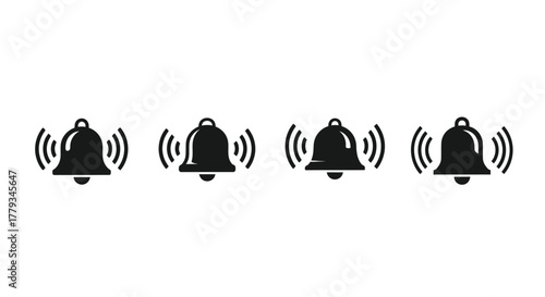 Four ringing bell icons isolated on white background in a row design