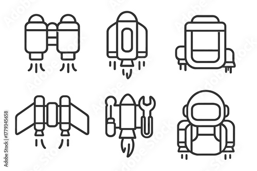 Jetpack Icon Designs. Line style icons of jetpack designs: dual-engine jetpack, single-nozzle design, compact urban model,