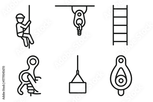 Vertical Caving Icons. Line style icons of vertical caving (pit caving): long rope descent, bolt anchor in ceiling, rope ladder