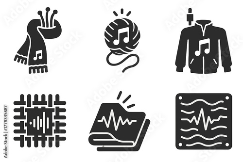 Fiber-Optic Audio Wearables. Solid style icons of fiber-optic + audio textiles: lightwave sound scarf, glowing thread music icon,