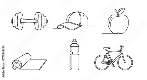 Collection of New Year, New Me themed icons, including Dumbbell, Cap, Apple, Water Bottle, Yoga Mat, Bicycle
