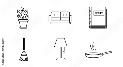 Collection of New Year, New Me themed icons, including Houseplant, Couch, Recipe Book, Broom, Lamp, Frying Pan