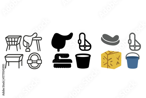 Equestrian Care Icons. Linear minimalistic equestrian care icon: feeding station, saddle rack, grooming brush, halter, hay bale,