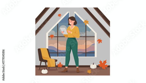 Smiling woman uses tablet in cozy attic room with autumn view working remotely or relaxing