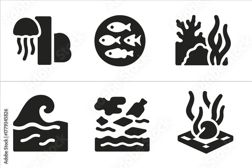 Underwater Icons Collection. Solid style icons of unusual underwater obstacles: jellyfish near board, fish swarm badge, sand cloud