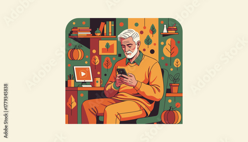 Elderly man texting on a phone in a cozy autumnthemed home office Modern digital lifestyle