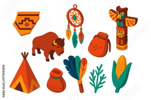 Native American Icons. Isometric vector illustration set Cultural heritage – Native American pottery shard, dreamcatcher, totem