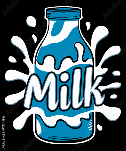 blue bottle of milk drink splash white graphic