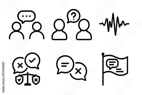 Forensic Linguistics Icons. Line style icons of Forensic Linguistics: interview speech pattern, suspect dialogue icon, voice