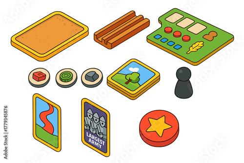 Colorful Board Game Elements. Isometric vector illustration set Board games – cork board, card slot, player board; resource tokens