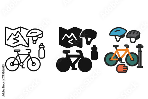 Minimalist Biking Icons. Linear minimalistic mountain biking icon: mountain bike, trail map, helmet, gloves, water bottle, bike