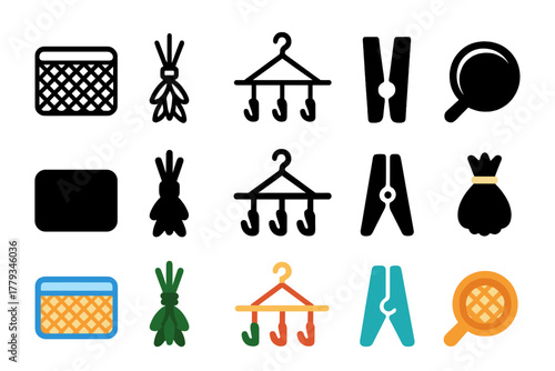 Drying Tools Icons. Linear minimalistic drying tools icon: mesh tray, hanging herbs, air-dry rack, clips, spice bundle, sieve with