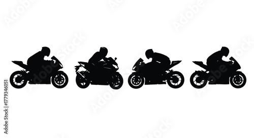Silhouettes of motorcyclists riding bikes isolated on white background