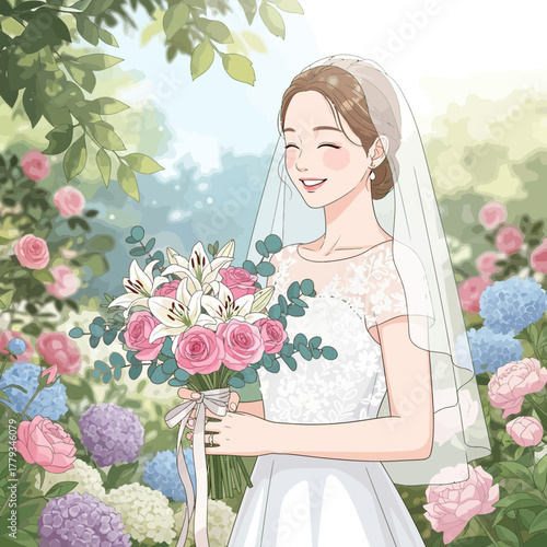 Smiling bride holding bouquet of flowers in a beautiful garden