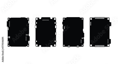 Four black computer boards isolated on white background in a row