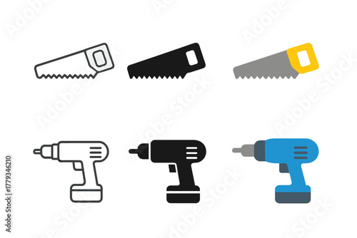 Minimalistic Tool Icons. Linear minimalistic saw icon: hand saw outline with teeth, uniform line thickness, no fill, Solid saw