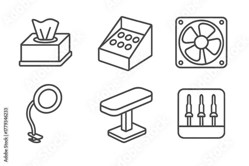 Tattoo Robotics Icons. Line style icons of tattoo robotics accessories: sterilization wipes dispenser, ink cup loader, backup