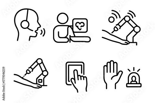 Tattoo Robot Interaction Icons. Line style icons of human-robot interaction during tattoo: verbal command headset, client heart
