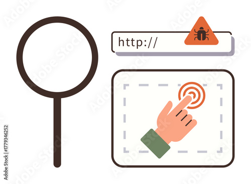 Magnifying glass, malware alert in search bar, user clicking button. Ideal for cybersecurity, online safety, malware detection, risk analysis, data protection, digital threats technology concepts
