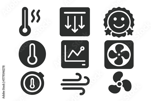 Temperature Control Icons. Solid style icons of temperature control systems: heat wave glyph, cooling vent icon, comfort badge.