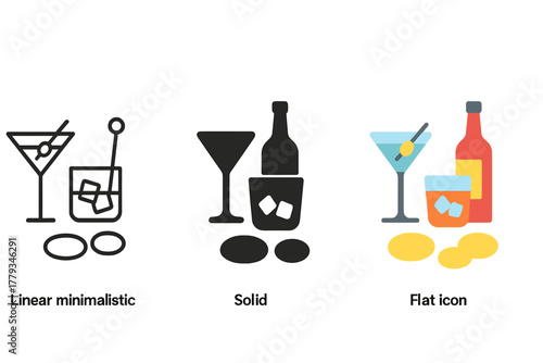 Minimalistic Cocktail Icons. Linear minimalistic cocktail bar icon: martini glass, whiskey tumbler, wine bottle, cocktail stirrer,
