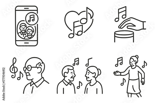Music Therapy Icons. Line style icons of music therapy for seniors: memory lane playlist, nostalgic song icon, gentle rhythm
