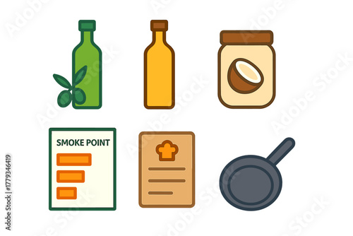 Cooking Oils Icons. Linear minimalistic cooking oils icon: olive oil bottle, canola oil bottle, coconut oil jar, smoke point chart