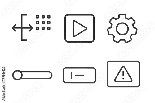Virtual Lab Icons. Line style icons of virtual lab user interface: drag-and-drop tool icon, simulation play button, settings gear,