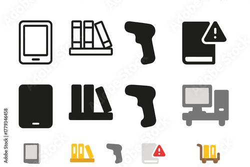 Digital Library Icons. Linear minimalistic digital library icon: e-book reader, shelving code, barcode scanner, overdue alert,