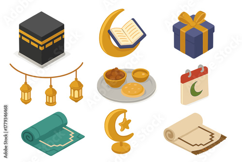Isometric Islamic Elements. Isometric vector illustration set of Islamic: Kaaba in Mecca, crescent with Quran, Eid gift box.