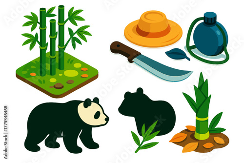Hiking Essentials Isometric Icons. Isometric vector illustration set Hiking trails – bamboo stalk cluster, forest floor, dappled