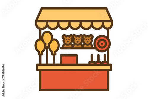 Carnival Fun Icons. Linear minimalistic carnival fun icon: game stand, ticket counter, prize rack, balloons, dart game, ring toss