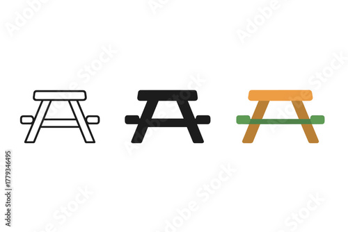 Minimalist Picnic Icons. Minimalist picnic table icon: three identical picnic tables in a row, first in line style with thin