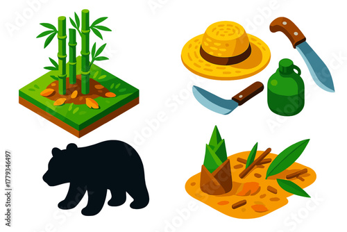 Hiking Essentials Isometric Icons. Isometric vector illustration set Hiking trails – bamboo stalk cluster, forest floor, dappled