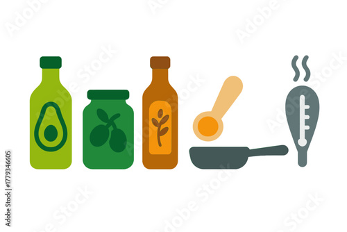 Healthy Oils Icons. Linear minimalistic healthy oils icon: avocado bottle, olive jar, flaxseed oil, measuring spoon, cooking pan,