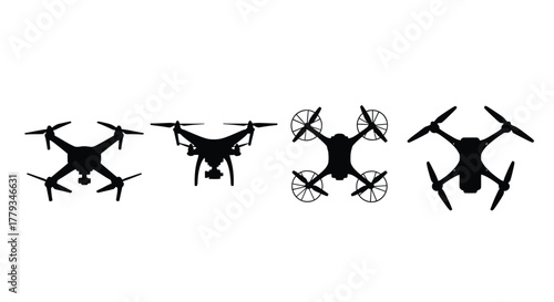 Four drone silhouette isolated on white background in a row