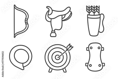 Horseback Archery Icons. Line style icons of horseback archery equipment: traditional recurve bow, horse archery saddle, quiver