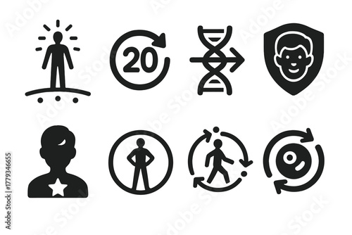 Timeless Youth Icons. Solid style icons of rejuvenation dream futures: glowing body in timeline arc, age 20 reset glyph, time