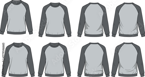 Long sleeve raglan shirt, front and back view, gray apparel mockup, fashion template, clothing design, casual wear, unisex top