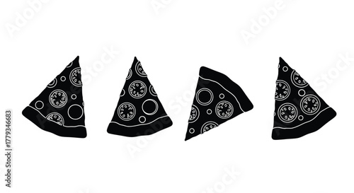 Four pizza slices isolated on white background, fast food and snack concept