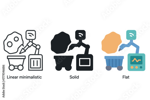 Asteroid Mining Icon. Linear minimalistic asteroid mining icon: asteroid, robot drill, resource scanner, mining cart, cargo