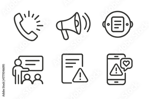 Emergency Communication Icons. Line style icons of emergency communication: crisis hotline icon, emergency broadcast signal,
