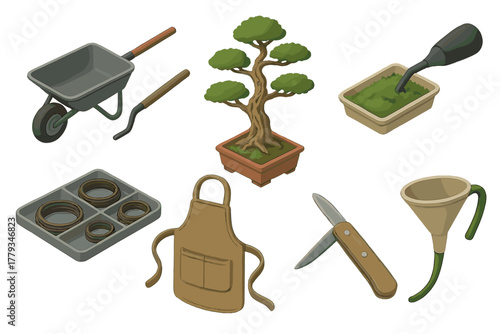 Bonsai Gardening Tools. Isometric vector illustration set of Bonsai gardening: mini wheelbarrow, deadwood carving tool, formal