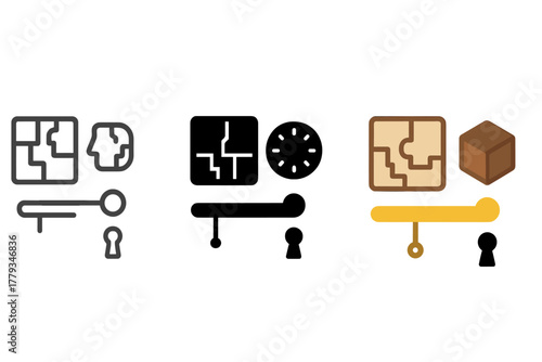 Minimal Brain Teaser Icon. Linear minimalistic brain teaser icon: sliding panels, combination lock, secret lever, tiny keyhole,