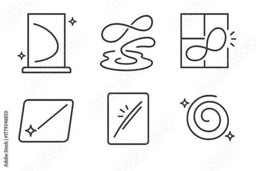 Reflective Light Icons. Line style icons of reflective light painting: mirror bounce art, puddle reflection trail, window glow